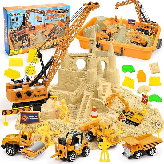 Construction Sandbox Toys Kids Play Sand Kit, 3.1lbs Sand & Large Tower Crane & 5 Trucks & 13 Signs & 14 Molds, Beach Building Castle Table Sensory Bin Toy for Toddler Boy 3-8 Years Old