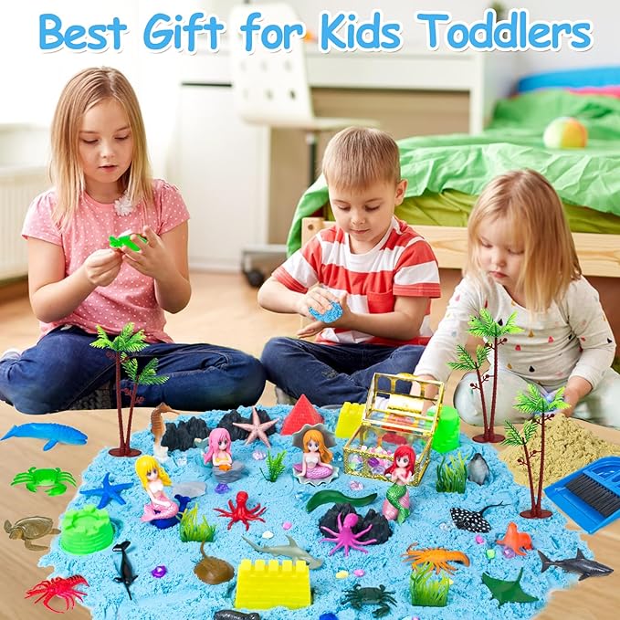 57Pcs Mermaid Sensory Bin Toys, Ocean Sensory Sandbox for Kids Ages 3 4 5 6 7 8 with 2.64lbs Magic Sand, Castle Moulds, 4 Mermaids, 30 Sea Animals- Toddlers Play Sand Art Kits Birthday Gift