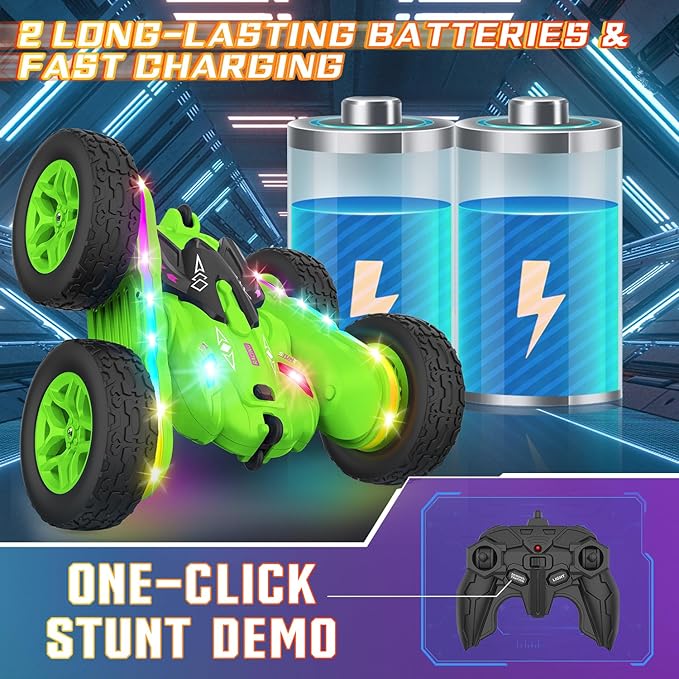 Remote Control Car, Rc Cars Stunt RC Car Toys Upgraded Strip Lights and Headlights Kids Toys Double-Sided 360° Rotating 4WD Drift Truck for Boys Girls Birthday Gift (Green)