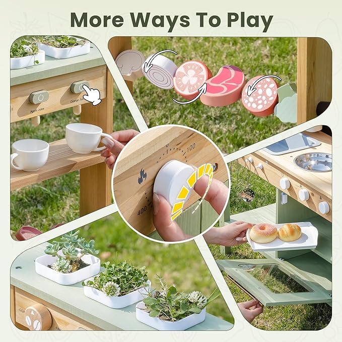 ROBUD Mud Kitchen for Kids Outdoor, Solid Wood Outdoor Play Kitchen, Green Kids Mud Kitchen with Barbecue Grill, Removable Sink & Faucet, Monteeori Toys for Children Ages 3+, WH003