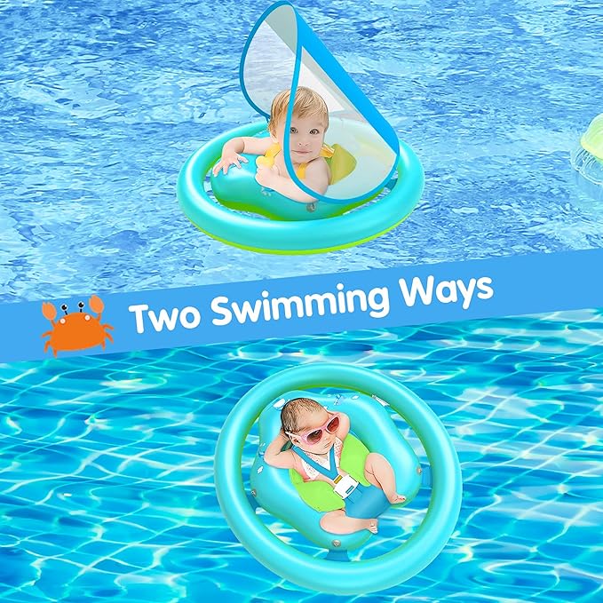 ZIZZ Baby Pool Float with Canopy - 2025 New Inflatable Baby Swim Float with UPF50+Sun Protection, Baby Infant Pool Float with Toy Play Console Adjustable Seat for Toddler Kids Aged 6-36 Months
