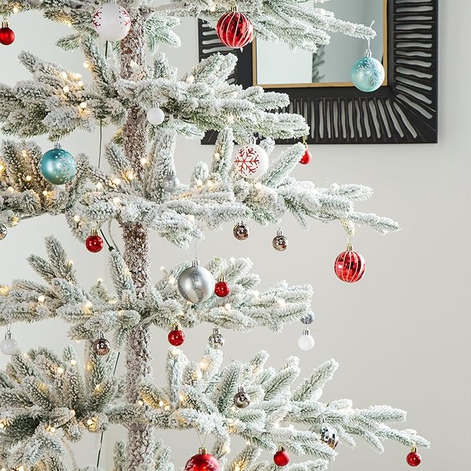 Glitzhome 9ft Flocked Christmas Tree, Deluxe Pre-Lit Artificial Christmas Tree, Large Xmas Serene Snowscape Fir Tree with 650 Warm White Lights and 1519 PE Tips for Holiday Home Party Decor