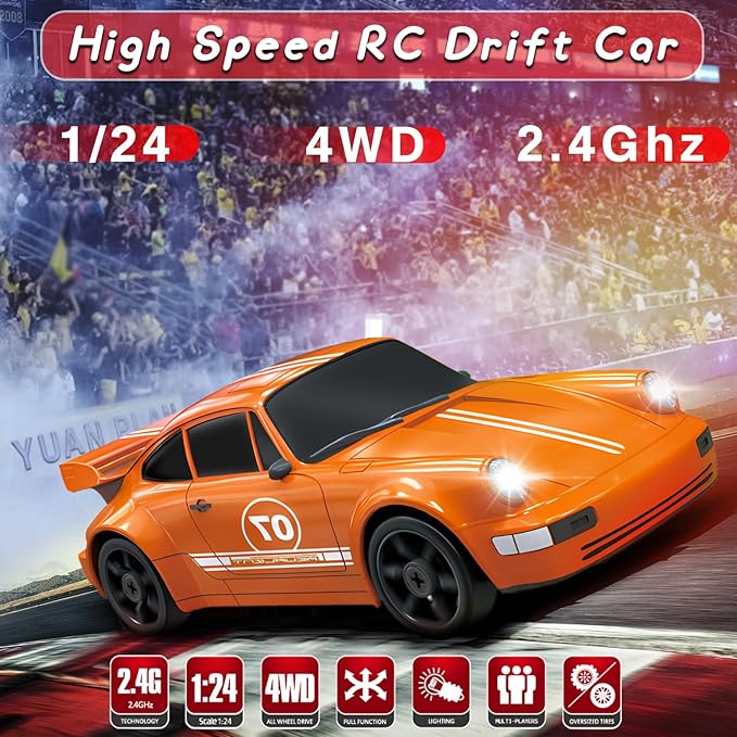 1/24 4WD RC Drift Car - 2.4GHz Remote Control With LED Light, High Speed, Two Rechargeable Batteries and Drift Tires for Kids and Adults - Orange