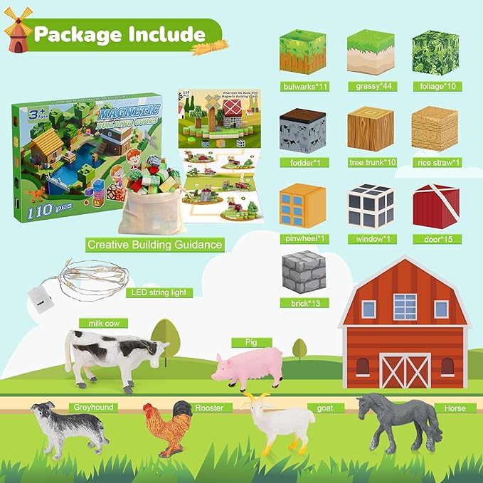 Magnetic Blocks 110PCS with 6 Animal Toys, Farm Building Blocks Set, Toys for Boys & Girls Age 4-6, 6-8, Stacking Building for Toddlers Sensory for Kids 3+