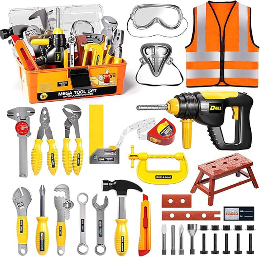 Deejoy Tool Set with Tool Box & Electronic Toy Drill, Pretend Play Kids Construction Kits for Kids Ages 3-5 Years Old, Toddler Boy Toys(Orange)