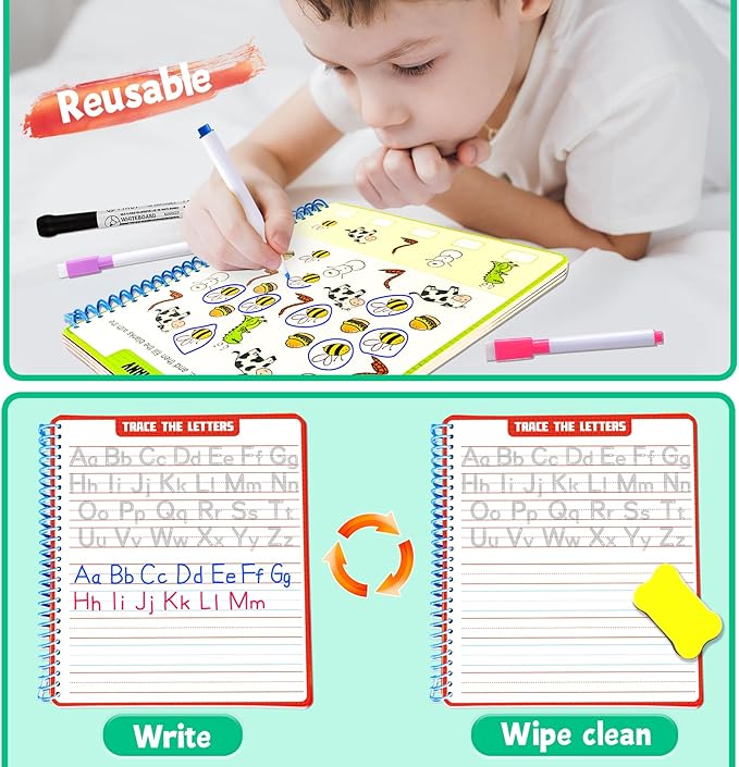 Preschool Learning Activities - 60 Reusable Cards, Pre-K Kindergarten Workbook, Autism Supplies Montessori Educational Game, Sight Words & Handwriting Practice Book for Kids Ages 3 4 5 6