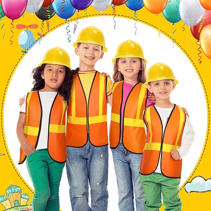 72 Pcs Construction Worker Costume Kit Including 36 Hats and 36 Vests - Role Play Accessories for Kids' Themed Birthday Party