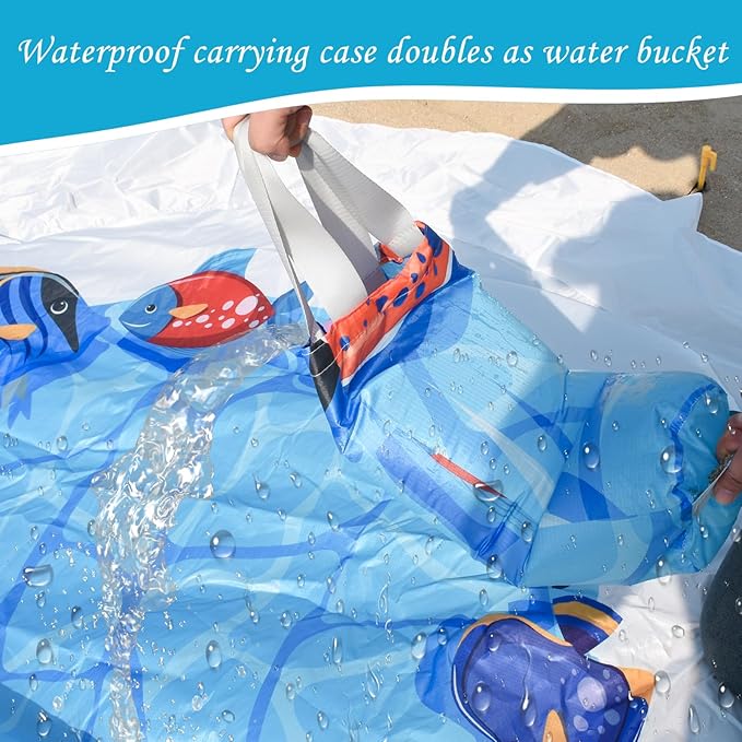 Dia 6.5Ft Baby Beach Pool, 2 in 1 Portable Round Kids Beach Play Pool Puddle Toddler Beach Blanket and Kiddie Pools Blue Cartoon Childs Sand Pit Paddling Pools with Water Bag for Boy Girl Outdoors