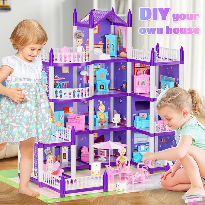 4 Stories Dollhouse for Girls, DIY Doll House Accessories Playhouse with Furniture and 11 Rooms, Pretend Play House with Lights for Kids, Portable Building Dolls Playset Toys Kit Gift for Ages 6+