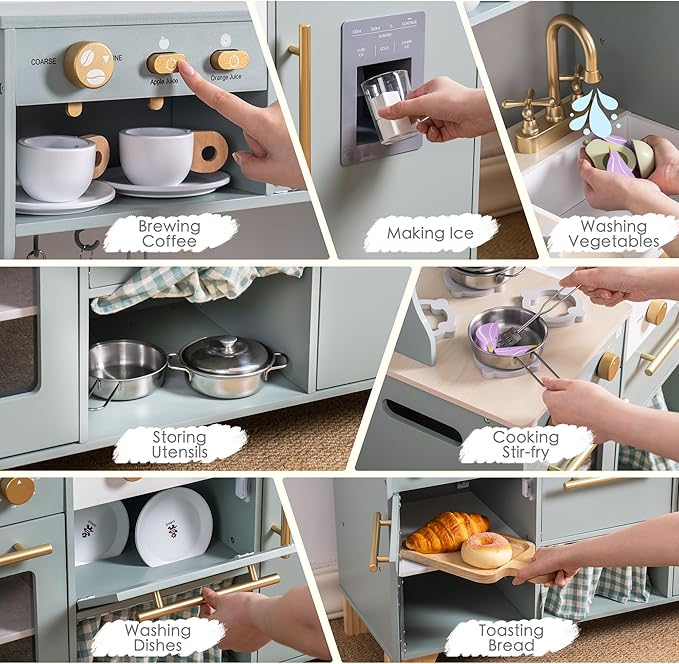 ROBUD Play Kitchen Set, Wooden Play Kitchen with Ice Maker, Fridge, Coffee Machine, Oven, Dishwasher, Microwave, Kitchen Accessories, Toy Kitchen Gift for Boys Girls, 3+