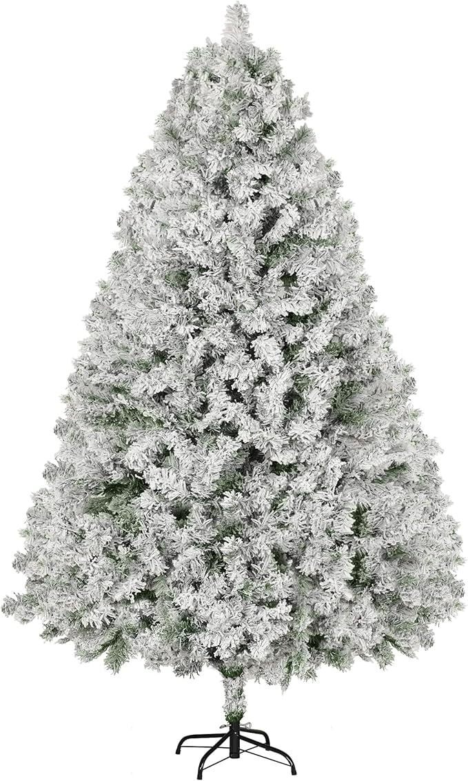 6FT Premium Artificial Christmas Tree, Snow Flocked Hinged Pine Tree w/1000+ Snowflake Branches, Solid Metal Stand for Holiday Decoration Indoor Outdoor Use