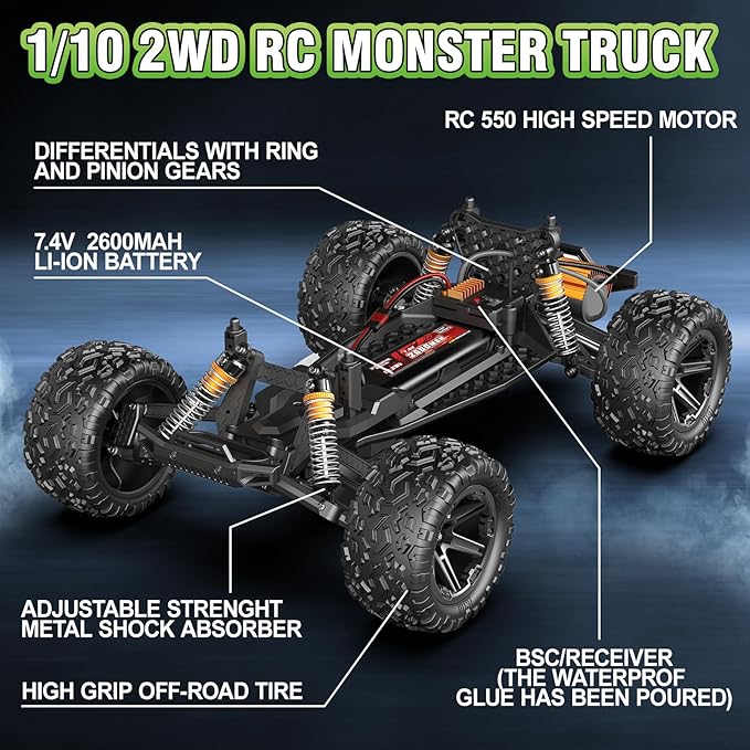 1:10 Big Rc Cars 18-Inch,Fast Remote Control Car Trucks,45+KM/H RC Off-Road Electric Truck, Includes 2 Rechargeable 2600mAh Batteries, Rc Cars for Adults & Boys