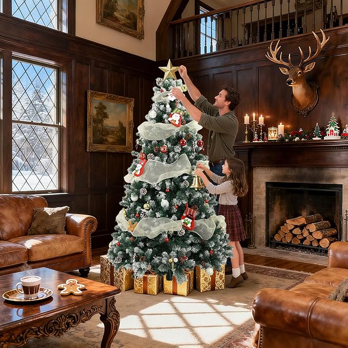 7Ft Christmas Tree,Green Artificial Hinged Holiday Christmas Pine Tree with Pinecones,Xmas Tree w/1400 Snow Flocked Branch Tips for Home,Office,Party Decoration