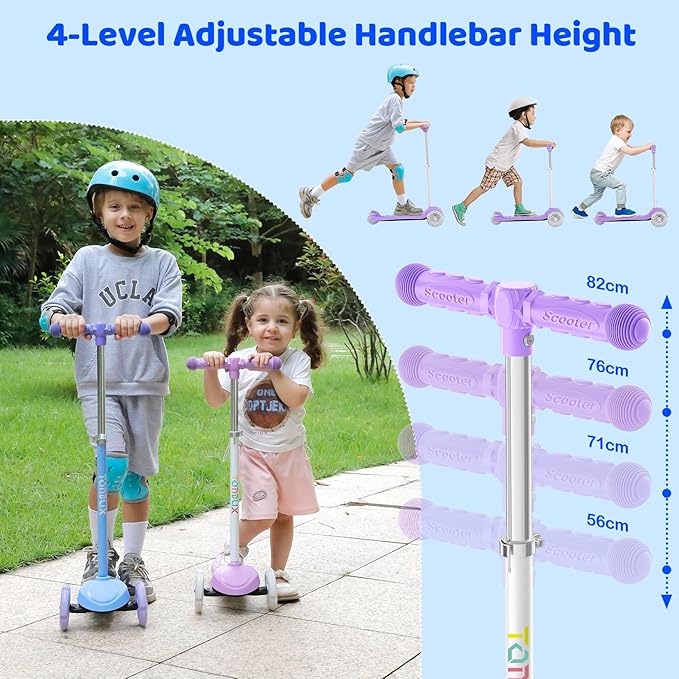 TONBUX Kids Scooter for Ages 3-5, Toddler Scooter with Light-Up Deck and Wheels, Adjustable 4-Level Height 3-Wheel Scooter for Kids, Lean-to-Steer Design