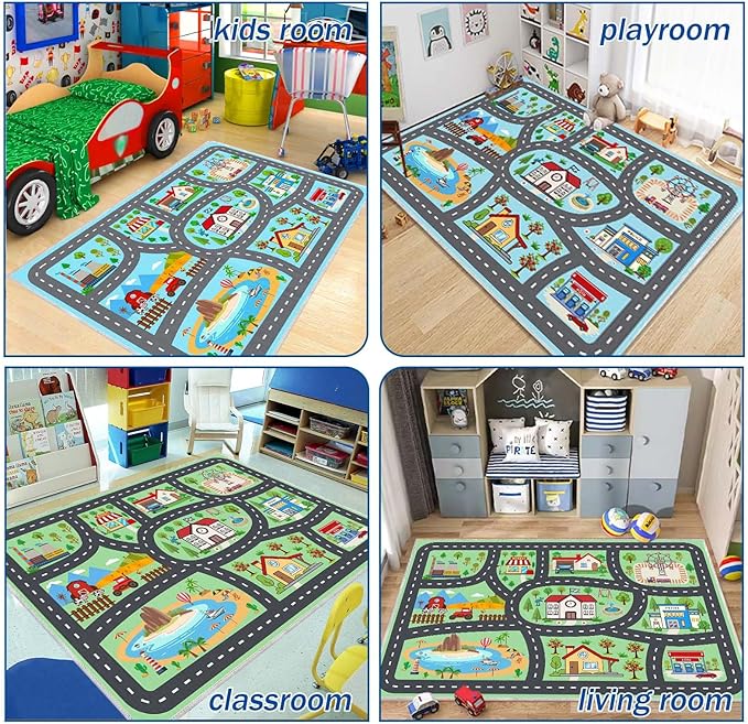 Kids Rug Car Rugs Play mat Carpet for Kids Toy Cars for Playroom Classroom Kids Room, Educational Area Rugs with Non-Slip Road Traffic Floor Rug Mats, Ideal Gift for Nursery Children Boy Girl 4x6ft