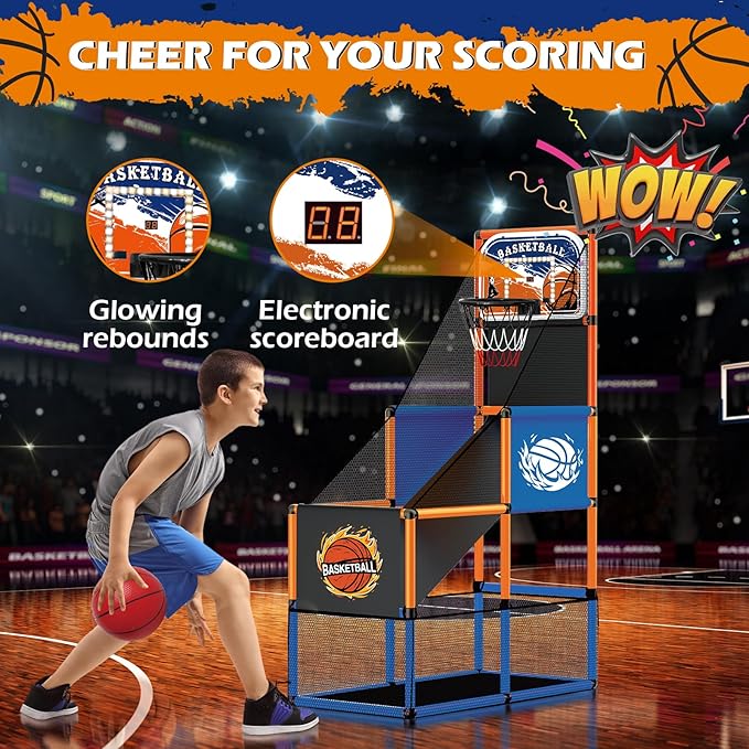 Arcade Basketball Game Set for Kids 3-12 – Indoor & Outdoor Basketball Hoop with 4 Balls, Adjustable Height, LED Scoring, Air Pump & Storage – Fun Sports Toy for Boys & Girls Ages 4-8, 8-12