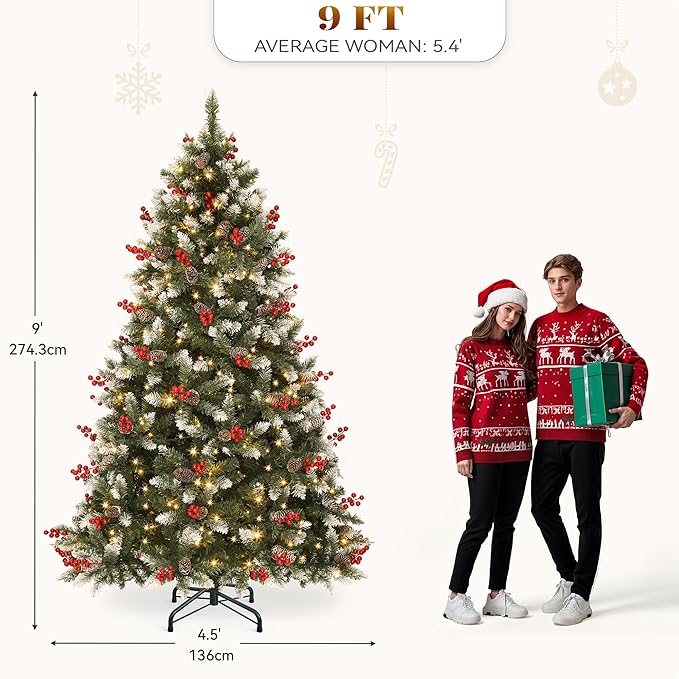 YITAHOME 9FT Prelit Christmas Tree with Remote, Artificial Hinged Pre-Decorated Christmas Tree with 111 Pine Cones & 111 Red Berries, Xmas Tree with 2058 Frosted Tips, 900 Lights