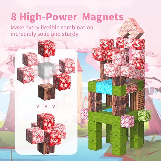 Magnetic Blocks-120PCS Magnets Cubes, Cherry Blossom Magnetic Building Blocks Toddler Toys for Age 3-4 5-7 6-8,STEM Sensory Toys Birthday Gifts for 3+ Years Old Boys & Girls