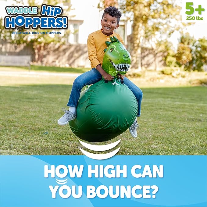 WADDLE Large Inflatable Bouncy Hopper - Ride On, Indoor, Outdoor Toys, Bouncy Horse for Girls and Boys, Durable, Easy Grip Handles, Dinosaur Toys, Kids, Up to 250lbs, Ages 5 and Up (Trex)