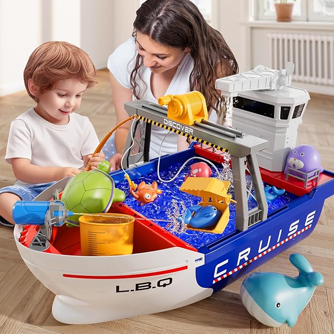 Ship Toys Water Tables for Kids Ages 2 3 4 5 6 - Electrical Play Boat for Toddlers 3-5, Fishing Game with 6 Fishes, Summer Water Sand Playset, Pool Beach Bath Toys, Gifts for Boys Girls 4-7