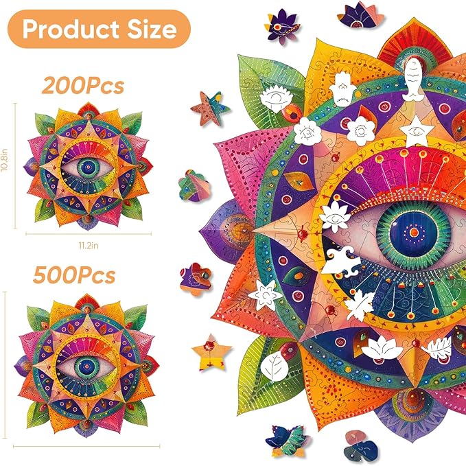 Mandala Wooden Puzzles for Adults, 500 Piece Unique Shaped Wood Evil Eye Jigsaw Puzzles for Adults and Kids, Fun Challenging Puzzles Family Game Gift, 16.5'' x 16.4''