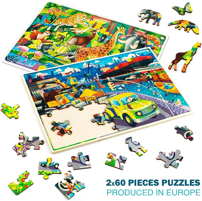 QUOKKA Wooden Kids Puzzles Ages 4-6 – 4 x 60 Piece Puzzles for Kids Ages 4-8 – Wood Toddler Games for 3-5 Year Olds – Cars Ships and Animals Toy for Boys and Girls