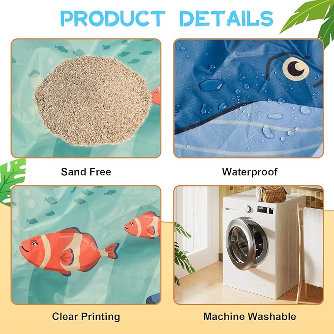 Square Baby Beach Pool, 6.5 X 6.5Ft Portable Cartoon Ocean Theme Toddler Beach Puddle, Waterproof Sandproof 2 in 1 Cute Toddler Paddling Pool Beach Blanket with Carrying Bag for Boys Girls