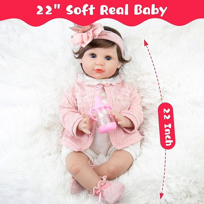 Reborn Baby Doll - 22-Inch Lifelike Baby Doll Soft Cloth Body Newborn Baby Dolls with Clothes and Toy Accessories Christmas Birthday Gift for Kids Age 3+