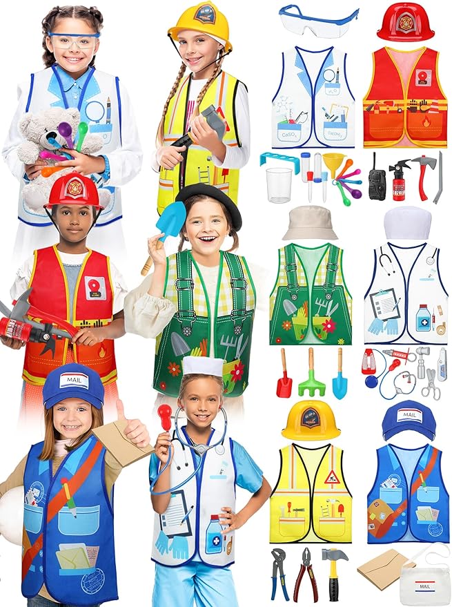 Hungdao 6 Sets Kids Dressing up Costumes Toddler Pretend Play for Age 6-10 Dress up Scientist, Firefighter, Postman, Farmer, Doctor, Engineer