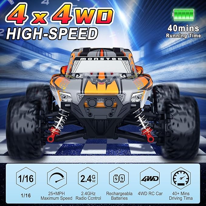 1:16 Scale RC Car for Beginners - 40MPH High Speed, 4X4 Waterproof Monster Truck with 2 Batteries & Tools - Best Gift for Boys 8-14