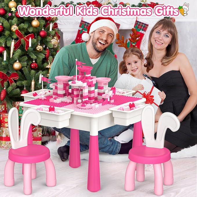 Kids Toddler Table and Chair Set: Water Activity Table With 152Pcs Large Marble Run Building Blocks, 2 Rabbit Chairs, Storage All in One Play Sensory Sand Table - 3-10 Year Old Girl Toys Gifts