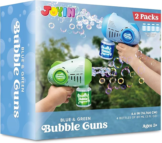 JOYIN 2 Packs Bubble Guns with 4 Bottles Solution, 8 Holes Light Up Automatic Bubble Machine Gun for Kids, Adults, Summer Toys, Easter Basket Stuffers, Birthday Gift, Party Favors