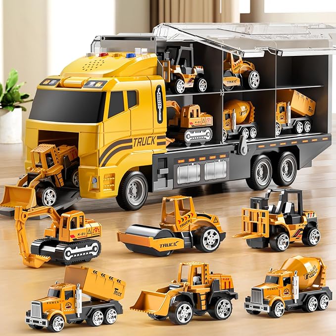 Toddler Boys Construction Truck Vehicle Toy Set with Play Mat, Die-Cast Toy Car Carrier Truck for Kids, Birthday Gifts for 3-8+ Year Olds