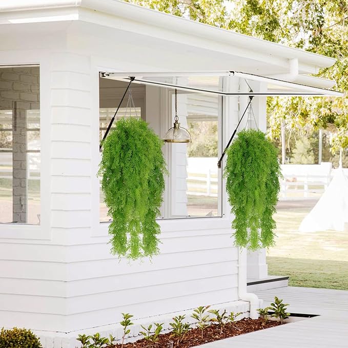 RECUTMS 3 Pcs Artificial Fake Hanging Ferns Plants Vine Ivy Outdoor UV Resistant Plastic Faux Plant for Outside Decoration (Green)