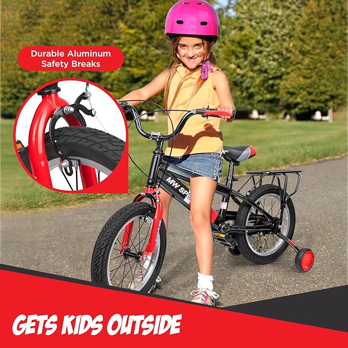 Slippery Racer MW Sports 16 inch Kids Bike with Removable Training Wheels, Hand Brakes and Back Relay Rack for Ages 4-6 Years.