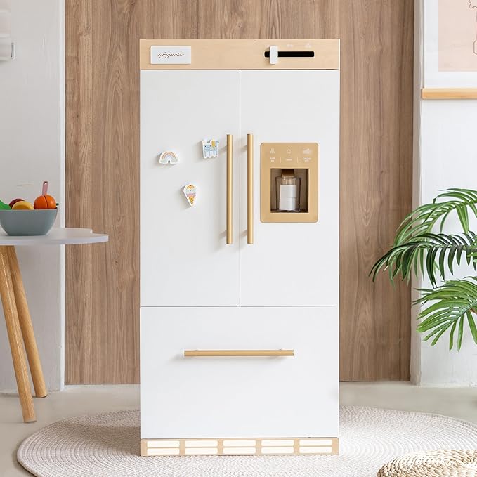 Wooden Play Kitchen Fridge – Interactive Ice Maker, Double Door Storage & Creative Fridge Magnets, Pretend Play Refrigerator for Boys & Girls 3+