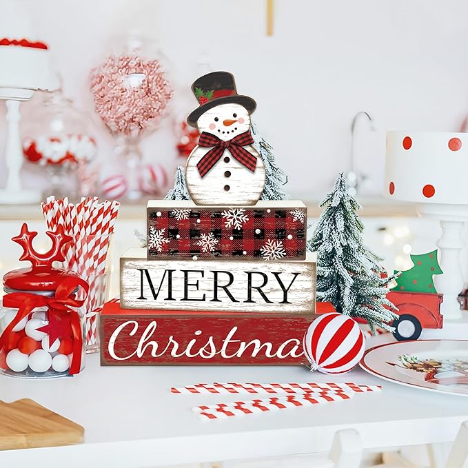 4 Pcs Christmas Table Decoration Snowman Wooden Block Merry Christmas Wood Centerpiece Xmas Red Buffalo Plaid Tabletop Sign Xmas Rustic Farmhouse Tiered Tray Decor for Winter Party Home Shelf Decor