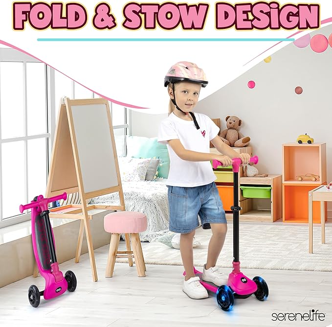 SereneLife 3 Wheel Foldable Kids Scooter - Foldable Seat, LED Wheel Lights, Adjustable Handlebar, Rear Foot Brake, Lean-to-Steer, Anti-Slip Deck, Ideal for Toddlers Kids 3+, up to 110Lbs
