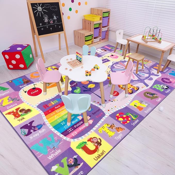 Kids Rugs for Playroom Bedroom Classroom Nursery, Non-Slip and Washable Rugs for Children Toddlers Girls, Educational and Fun Rug Carpets with ABC Alphabet Animals Shapes, 6x9, Purple