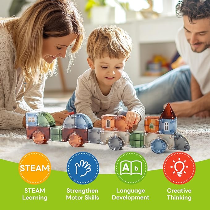iPlay, iLearn Kids Magnetic Blocks, 62 PCS Magnet Stacking Block Building Toy, Toddler STEM Learning Montessori Sensory Toy, Preschool Classroom Educational Birthday Gift 3 4 5 6 7 8 Year Old Boy Girl