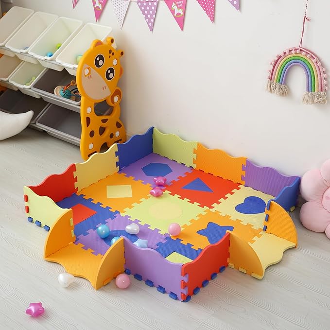Foam Play Mat for Kids,25Pcs Square Interlocking Puzzle Floor Mat,Baby Play Mat Floor Mat Foam Puzzle Playmat for Toddlers with Fence(Shape-CSH028