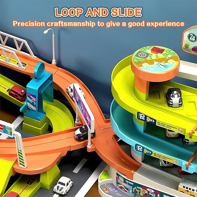 Fisca 2-in-1 Race Car Tracks PlaySet for Kids, Toy Car Ramp Track and Lifting Parking Lot, Dual Mode Toddler Car Track Toy Playset with 6 Cars, Automatic Rotary Elevator, Steering Wheel Music Driving