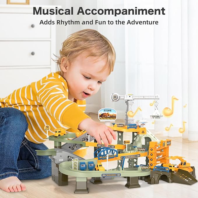 64PCS Engineering Adventure Track Set for Kids 3+ - Motorized Climbing Ladder, Rotating Crane, 4 Mini Cars, Interactive Construction Playset with Music - Safe Design, Ideal Gift