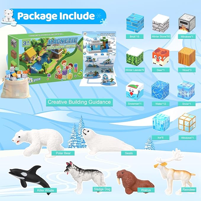 Magnetic Blocks 110PCS with 6 Animal Toys, Snow World Building Blocks Set, Boys & Girls Age 4-6,5-7,6-8, Stacking Building for Toddlers & Kids 3+
