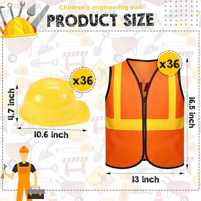 72 Pcs Construction Worker Costume Kit Including 36 Hats and 36 Vests - Role Play Accessories for Kids' Themed Birthday Party