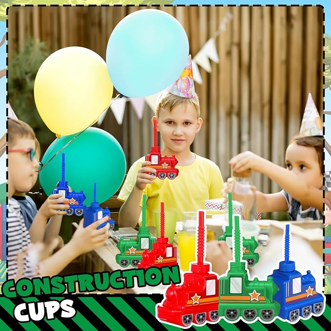 Tanlade 24 Sets 10 oz Plastic Train Shape Cup Traffic Vehicle Party Favor Supplies Train Cups with Straws, Reusable Vehicle Plastic Cups Bulk Birthday Party Favor