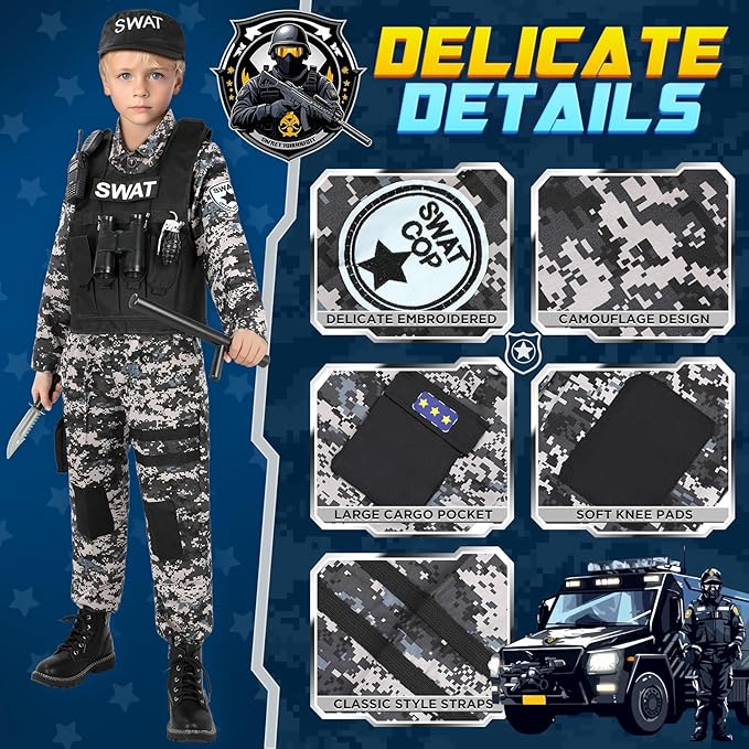 Luucio SWAT Police Officer Costume for Kids, Police Costume for Kids with SWAT Costume, SWAT Vest, Halloween Costume for Boys, Role Play Kit for Boys Girls