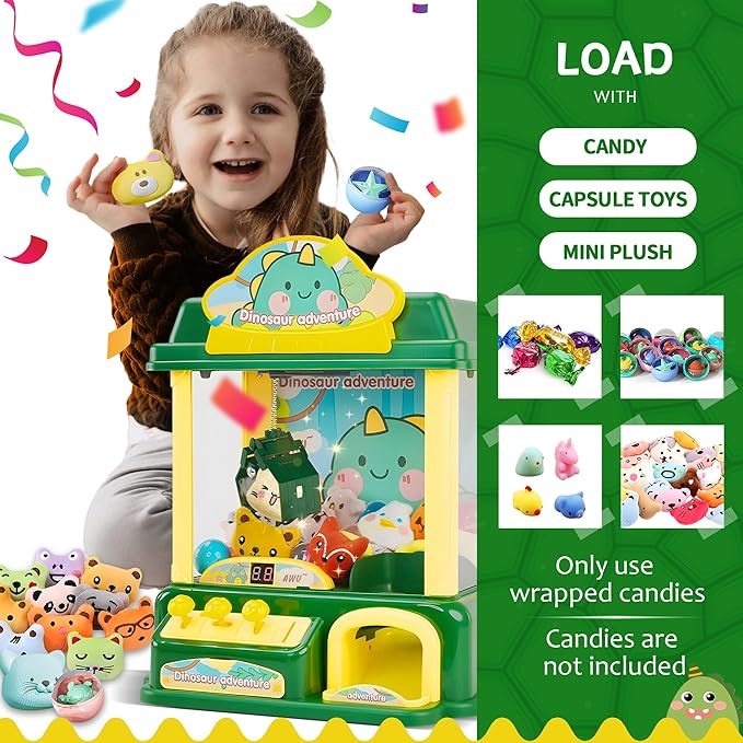 Kids Claw Machine, Dinosaur Adventure Large Toy Claw Machine with Plush Toys, Light Music, Coins & Capsules, Mini Vending Machine Toy for Boys Girls Ages 4-12, Birthday Gift