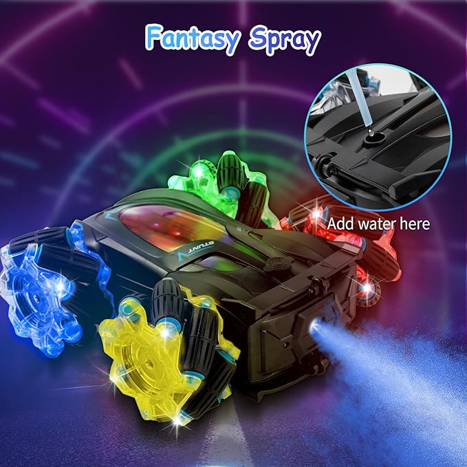 RC Cars Gesture Sensing Stunt Car, 360° Rotating Remote Control Car with Cool Light and Music, Spray Drift Hand Controlled Car, 2.4Ghz Rechargeable RC Car, Best Birthday Gifts for Boys 6-12 (Blue)