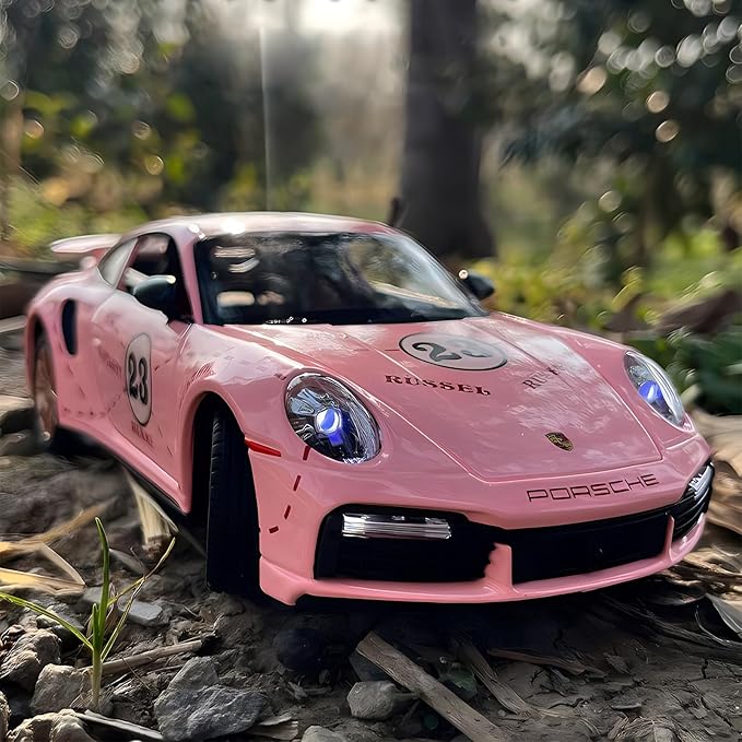 Toy Car Model Porsche 911 Turbo S Car Ornaments, Alloy Diecast Car Toy with Display Base, Pull Back Car Toys with Light & Sound for Kids Age 4-8 Girls Gift Pink